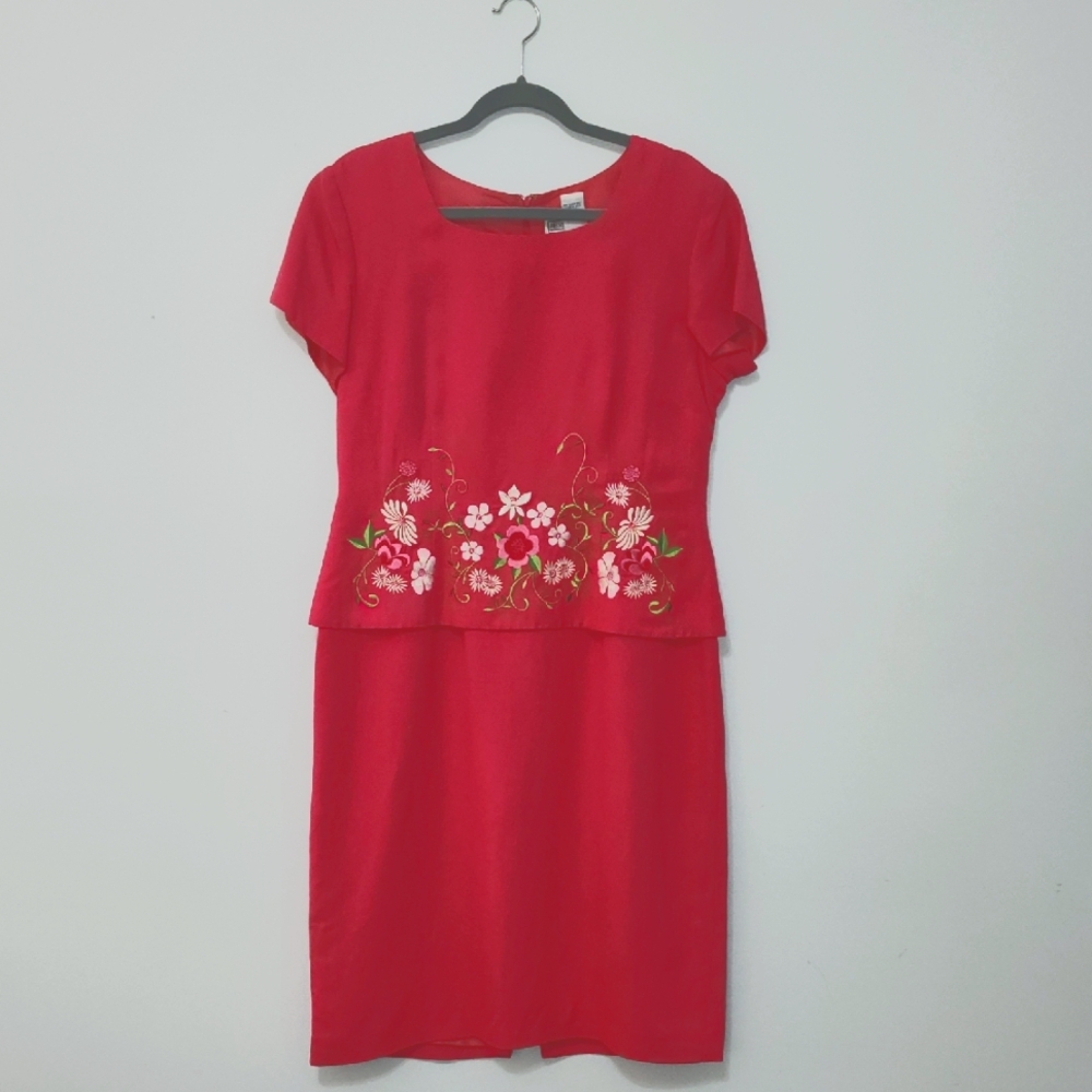 Jessica Howard Size 14 Linen Blend Embroidered Midi Dress Pink Spring Easter